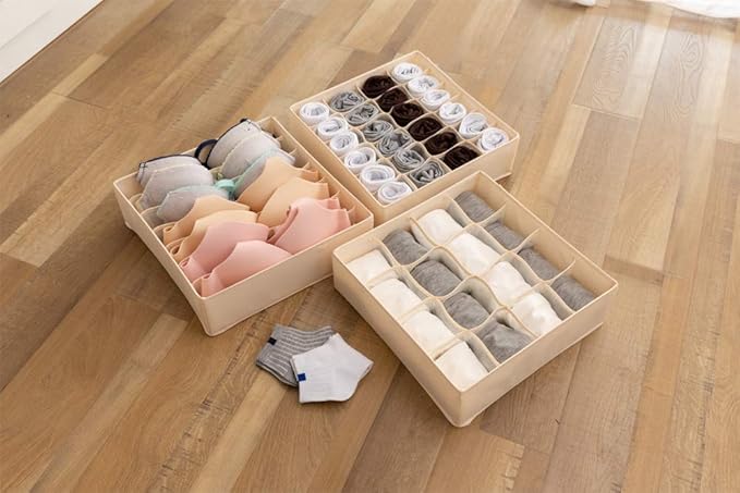 ALYER Collapsible Bra(A-C Cup) Drawer Organizer,Durable Cloth Storage Box Bins Dividers for Panties,Underwear,Socks,Lingerie(Beige-7 Cells)