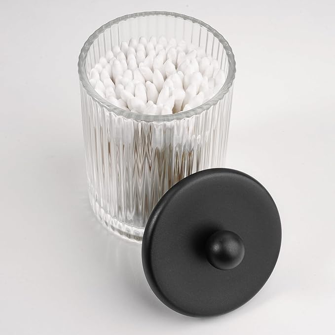 SheeChung 3-Pack Matte Black Glass Apothecary Jars with Bamboo Tray - Modern Industrial Bathroom Organizer Set for Cotton Rounds, Swabs & Flossers - Minimalist Vanity Storage Canister