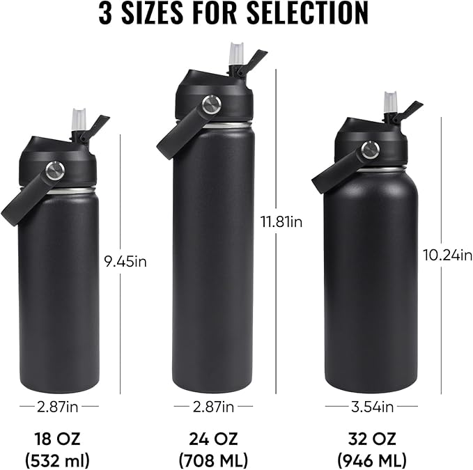 24oz Insulated Stainless Steel Water Bottle, Wide Mouth Double Wall Vacuum, Silicone Straw, Sweat & Leak Proof, BPA Free Insulated Water Flask for Travel, Keep Cold 24h Hot 12h, Black