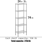 14" Deep x 24" Wide x 74" Height Wire Shelving Kit | 5-Tier | NSF Commercial Storage Rack Unit