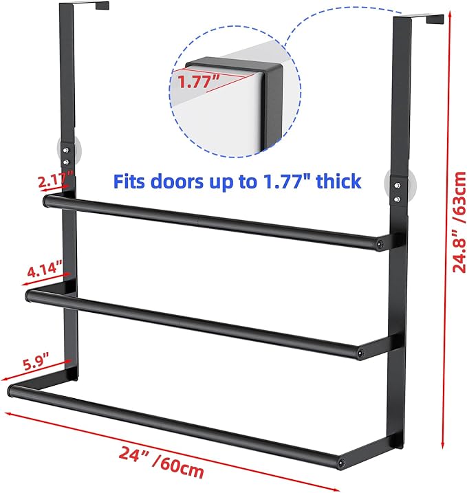 Over The Door Towel Rack, Over Door Towel Racks for Bathroom Door, 3 Tier Towel Storage Hanger Holder for Bathroom Accessories, 24 Inch Towel Bar for Hanging Towels, Black