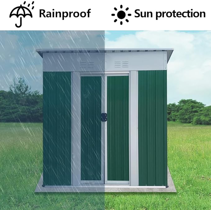 Heavy-Duty Outdoor Garden Shed with Aluminum Alloy Frame, Hinged Door, and Stable Foundation for Secure Storage (5x3 FT Green Pent Roof)