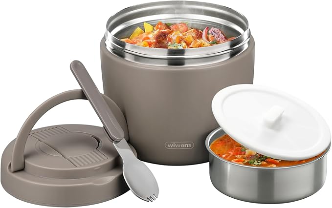 Thermo Food Jar for Hot Food Adults 32OZ Soup Thermo Lunch Containers Wide Mouth Vacuum Insulated Stainless Steel Leakproof Bento Box with Spoon (Khaki)