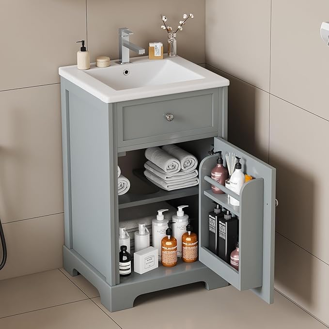 20 in Small Bathroom Vanity with Sink,Soft Closing Door and Adjustable Shelf, Solid Wood Frame & MDF Modern Single Bathroom Sink Cabinet,Freestanding (Grey)