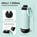 GREYLOCK 40 oz Insulated Water Bottle with Straw Lid, Leakproof Reusable Stainless Steel Vacuum Flask, 24hr Cold & Hot, Carry Handle & Silicone Spout, BPA-Free for Gym, Hiking, Travel,Teal