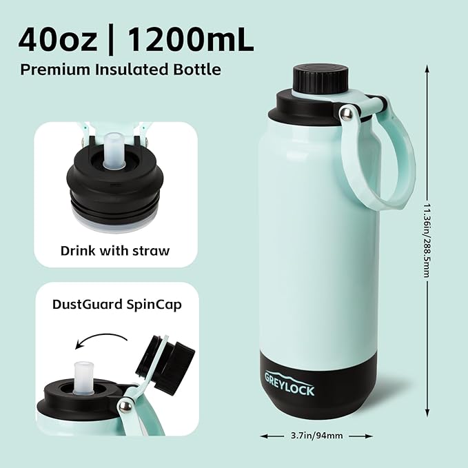 GREYLOCK 40 oz Insulated Water Bottle with Straw Lid, Leakproof Reusable Stainless Steel Vacuum Flask, 24hr Cold & Hot, Carry Handle & Silicone Spout, BPA-Free for Gym, Hiking, Travel,Teal