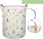 Cartoon Sailboat Collapsible Laundry Basket Large Laundry Hamper Waterproof Foldable Storage Bins Laundry Basket with Leather Handles Clothes Nursery Hampers
