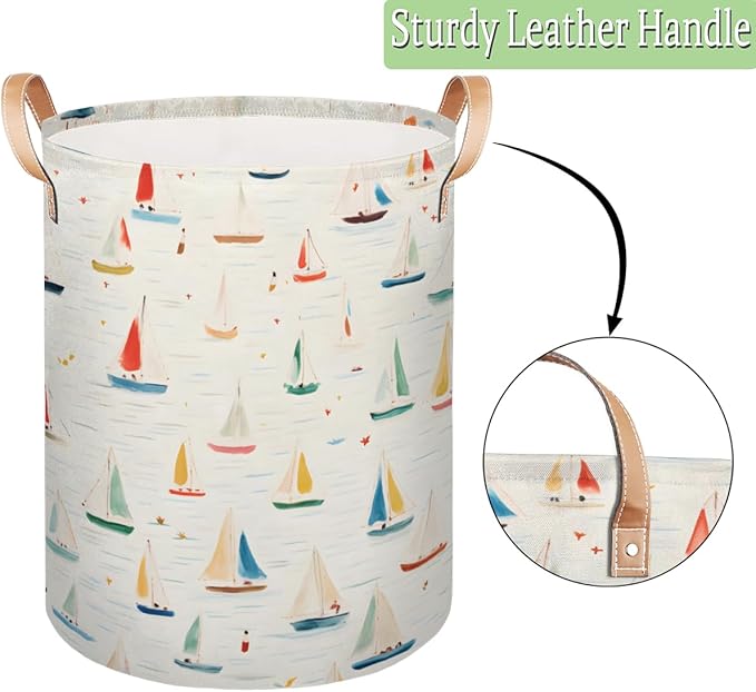 Cartoon Sailboat Collapsible Laundry Basket Large Laundry Hamper Waterproof Foldable Storage Bins Laundry Basket with Leather Handles Clothes Nursery Hampers