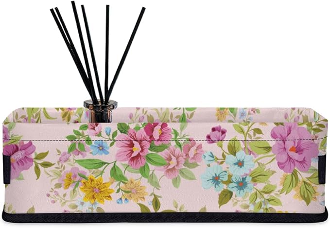 Toilet Tank Topper Paper Basket with Handle, Beautiful Floral Bathroom Storage Basket for Organizing, Small Fabric Storage Bins for Bathroom Decor