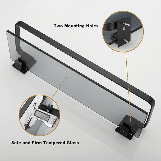 VOLPONE Glass Shelf for Bathroom 15.7 in Black Bathroom Shelves Wall Mounted Tempered Glass Shelving with 4 Removable Hooks (2 Tier)
