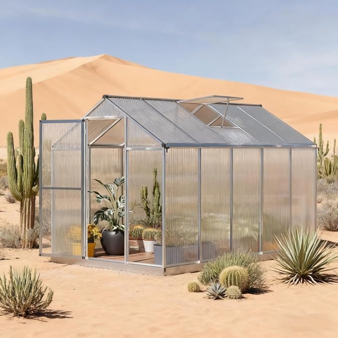 Aluminum Greenhouse with Polycarbonate Panels, Walk-in Garden Greenhouse for Outdoor Plant Growing, Durable Structure for Year-Round Gardening (Silver + Aluminum-1)