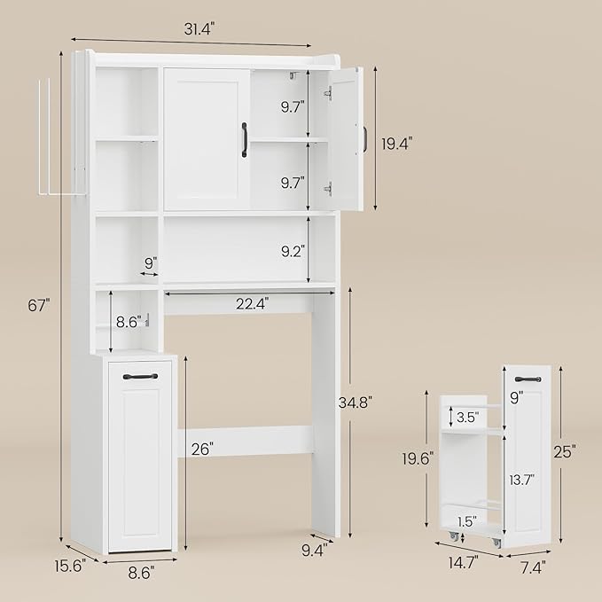 Over The Toilet Storage Cabinet with Pulley Small Bathroom Storage, Space Saver W/Adjustable Shelf & Rack for Bathroom, Restroom, Laundry (White-Type B)