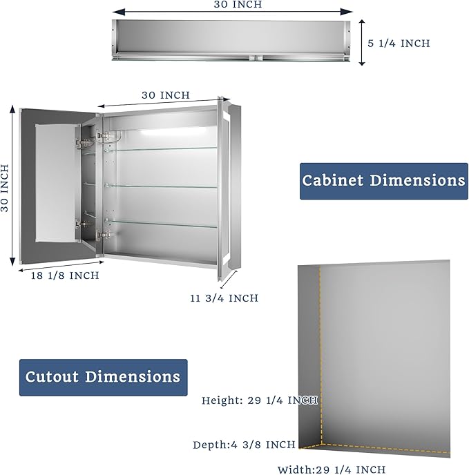 ExBrite LED Lighted Bathroom Medicine Cabinet with Mirror, 30 x 30 Inch, Recessed or Surface Mount, Anti-Fog, Stepless Dimming, Color Temperature Change, Built-in 6000K Sensor Light, Storage Shelves