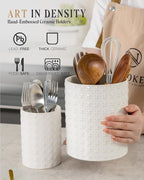 Nucookery Utensil Holder, Extra Large Ceramic Utensil Crock for Kitchen Counter, Stable Spatula & Flatware Organizer, Farmhouse Embossed Kitchen Decor, Set of 2 (X Texture)