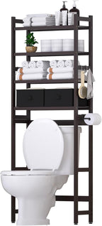 Over The Toilet Storage with 2 Baskets, 4-Tier Bamboo Organizer Rack with Paper Holder & 4 Hooks & Waterproof Feet Pad,Freestanding Shelf for Bathroom(Brown)