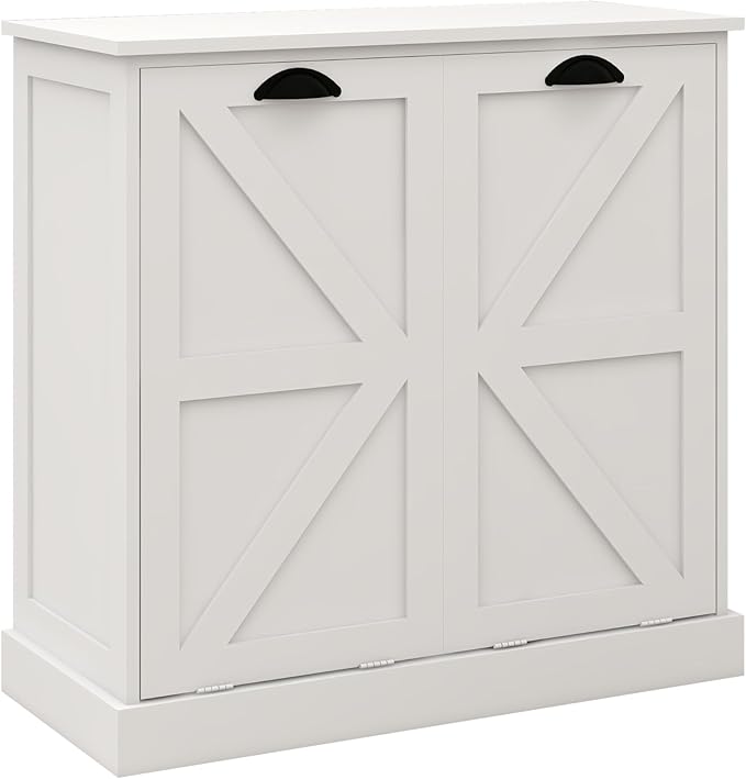 Tilt Out Laundry Sorter Cabinet with 2 Removable Liner Bags,Divided Laundry Hamper Cabinet with Semi-Circular Metal Handle and Barn Door for Space Saving (Style-01)
