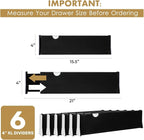 RAPTUROUS Adjustable Drawer Dividers 6 Pack, 4” High, 15.5-21” Long, Dresser Drawer Organizer for Bedroom, Closet, Kitchen, Nursery, Office, Strong Hold, Soft Foam Edges, Black