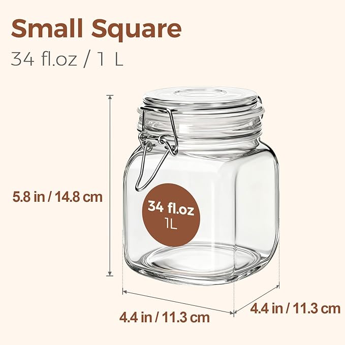 ComSaf 3-Pack Square Glass Coffee Canisters, 34oz Airtight Pantry Jars for 1lb Coffee Bag, Sugar, Flour & Tea, Space-Saving Food Storage Containers for Kitchen Counter & Small Apartment Organization
