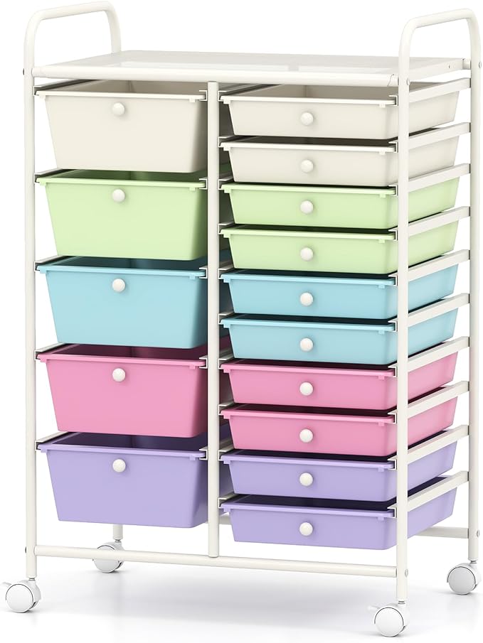 RELAX4LIFE 15 Drawer Rolling Storage Cart, Classroom Organization for School Teacher Office, Mobile Craft Art Supply Organizer, Utility Carts on Wheels for Paper Tools Scrapbook (Ice Cream Multicolor)