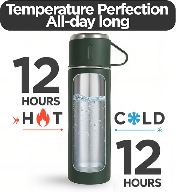 Green Vacuum Flask Gift Set, Stainless Steel Insulated Water Bottle w/ 3 Cups, Hot & Cold Drinks Coffee Thermo Water Bottle, Reusable Thermal Cup for Outdoor Camping Travel, Termos para Agua Fria,17oz