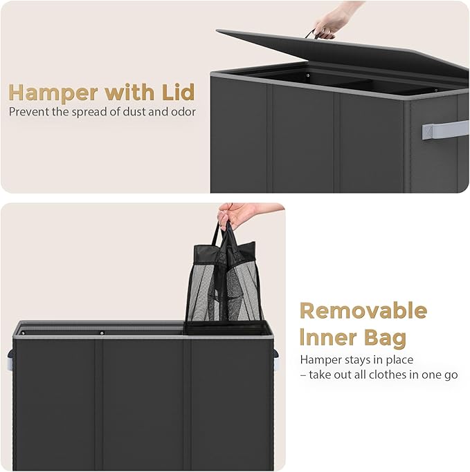 180L Laundry Hamper 3 Section, Large Laundry Hamper with Lid, Dirty Clothes Hampers with Handles, Laundry Basket Organizer for Laundry, Bedroom, Bathroom, Laundry Sorter Baskets, Black