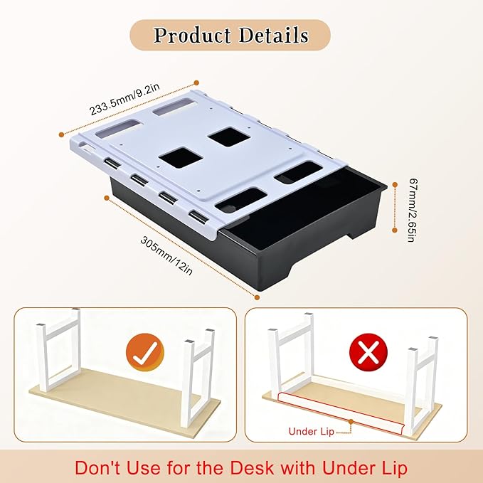 Upgraded Super Capacity 11.85 "x 8.9" Under Desk Drawer Hidden Strorage Drawer Self-Adhesive Slide Out with Smooth Gliding Motion - Attachable & Space-Saving Under Desk Organizer with Screw Kit, Black