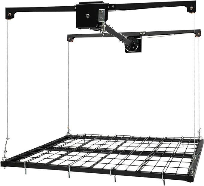 Overhead Garage Storage Rack, 48 * 48in Metal Garage Ceiling Rack Adjustable Organization System 300 Lb Weight Capacity Dual-Rope Design Rotating Handle for Storing Tools and Items