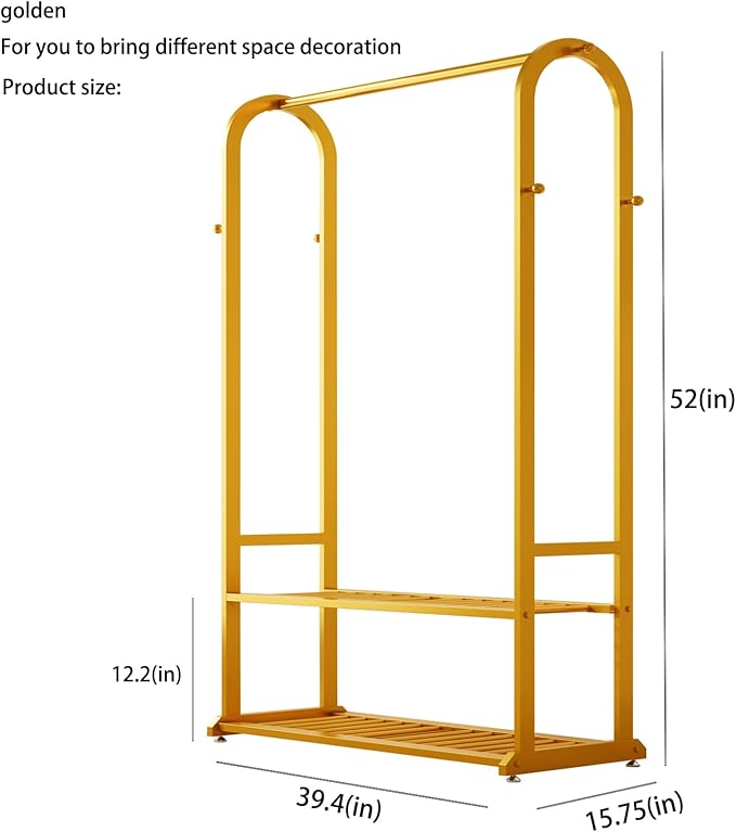 Gold clothing rack with bottom Storage shelves and 6 side hooks,Sturdy metal clothes rack for Hanging Clothes,Modern garment rack Wardrobe Rack for Bedroom or Boutique