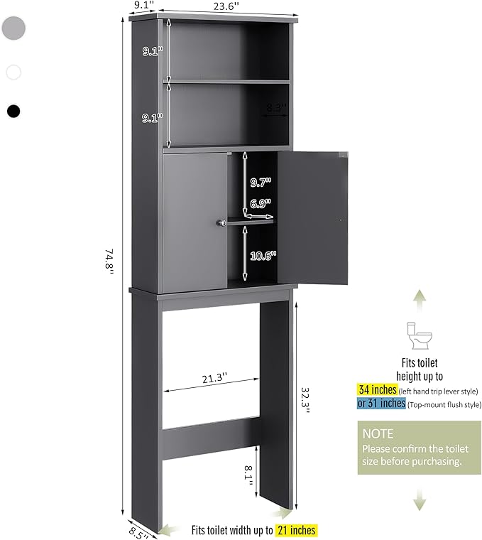 Meilocar Over the Toilet Storage Cabinet for Bathroom, Storage Cabinets Over Toilet, Bathroom Floor Mounted Cabinet Space Saver with Adjustable Shelf and 2 Open Shelves, 75in, Grey