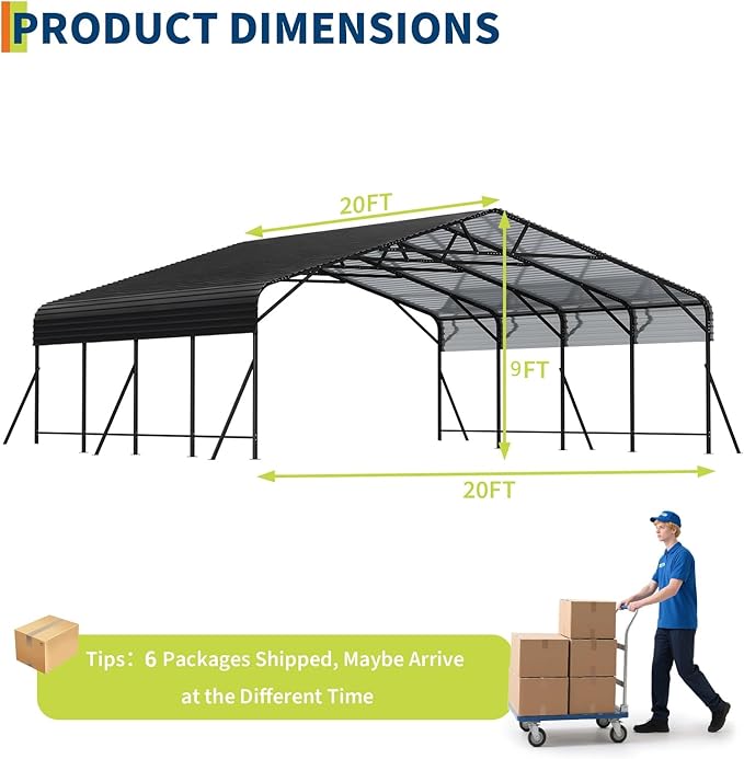 Metal Car Port, 20x20x9FT Metal Garage with Steel Frame, Heavy Duty Carports for Car, Boats and Tractor