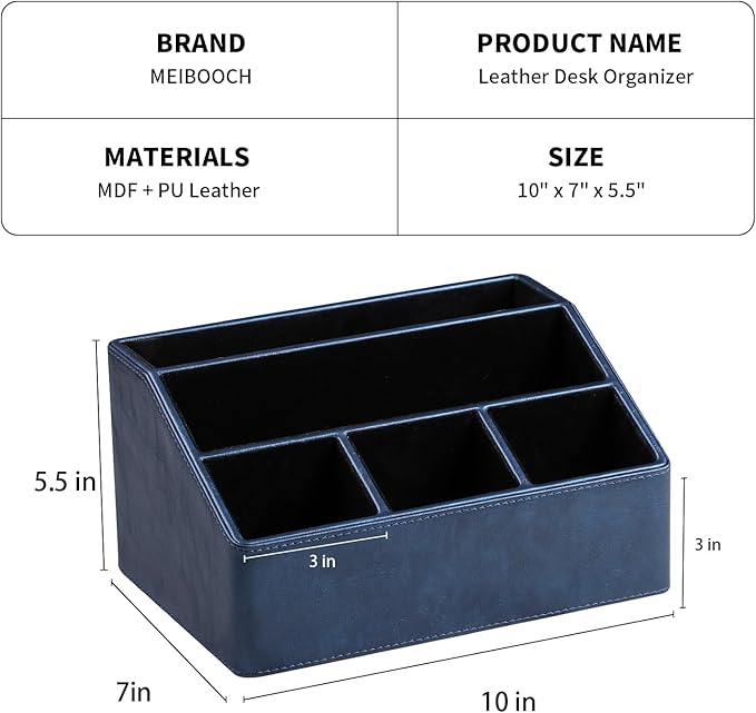 PU Leather Desk Organizer, Luxury Remote Control Holder for Home, Office Desk Accessories Table Caddy Bedside Nightstand Organizer (Dark Blue)