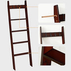 HOOBRO Blanket Ladder for Living Room and Bedroom, 5-Tier Wall Leaning Towel Rack for Bathroom, Decorative Ladder Shelf with 4 Removable Hooks, Farmhouse Blanket Storage, Brown BR51CJ01G1
