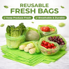 Reusable produce bags to keep Fruit fresh longer reusable,40 Pack(20S,20L) Vegetable bags to keep fresh,Green vegetable refrigerator bags,Green Reusable Salad & Cut Flower Storage Bags,BPA Free