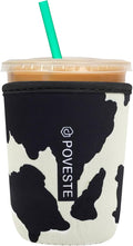 Reusable Neoprene Insulator Sleeve for Iced Coffee & Cold Soda, Coffee Sleeves for Iced & Hot Drinks, Cold Beverage Cooler Compatible with Starbucks, Dunkin (Cow Print, Small: 16-18oz)