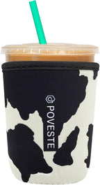 Reusable Neoprene Insulator Sleeve for Iced Coffee & Cold Soda, Coffee Sleeves for Iced & Hot Drinks, Cold Beverage Cooler Compatible with Starbucks, Dunkin (Cow Print, Small: 16-18oz)