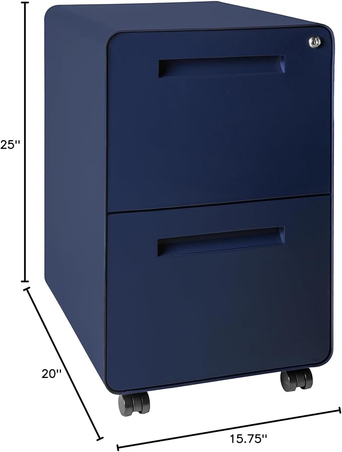 Laura Davidson Furniture Stockpile 2 Drawer Mobile File Cabinet with Lock - Under Desk Metal Filing Cabinet, Legal/Letter File Folders, Wheels and Stationary Feet, Pre-Assembled, Navy Blue