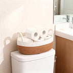 3 Pcs 3 Sizes Storage Basket for Toilet Tank Top Rope Woven Organizer with Handle Boho Bathroom Toilet Paper Organizer for Shelf Living Room Farmhouse Home Decor(White and Brown)