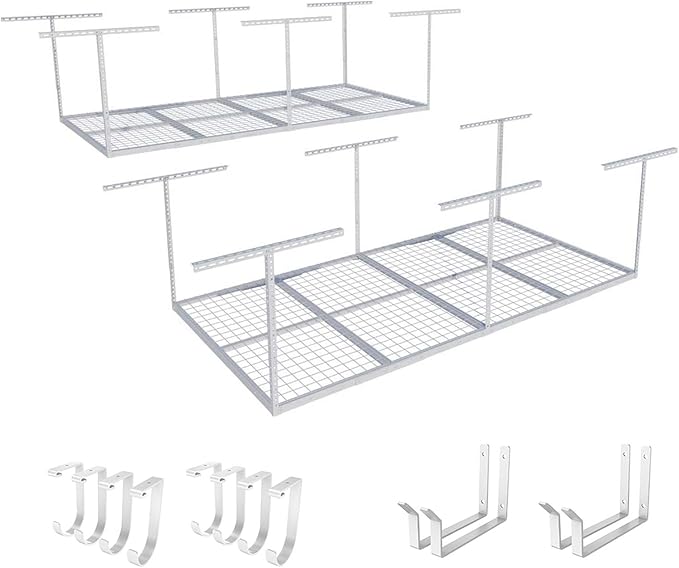 FLEXIMOUNTS 2-Piece Overhead Garage Storage Rack Set w/Hooks Adjustable Ceiling Storage Rack, 96" Length x 48" Width x 40" Height, 2 pcs, White, Classic Series