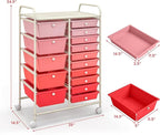 LUARANE Rolling Cart with 15 Drawers, Craft Storage Cart with Portable Handles & Lockable Wheels, Mobile Toys Organizer, Large Capacity Utility Drawer Cart Home Office School Teacher (Gradient Pink)