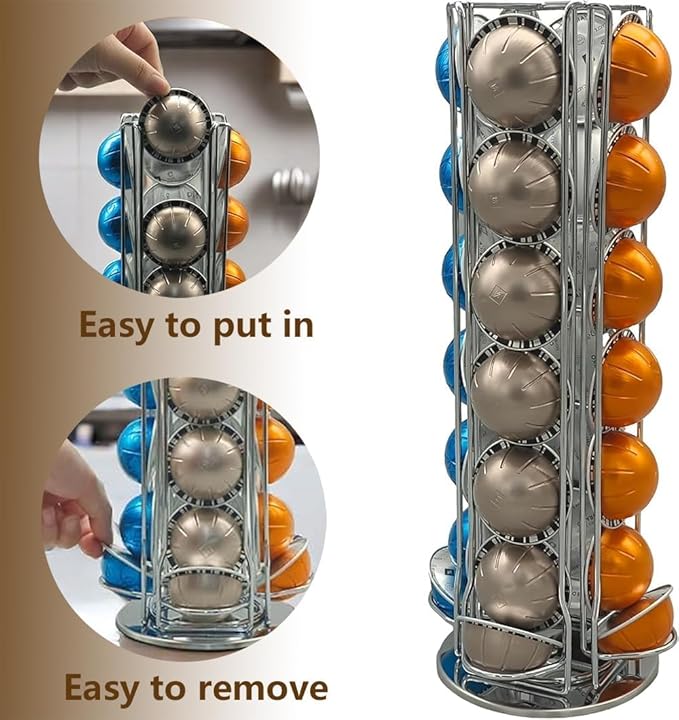 Miuly Coffee Capsule Holder For Nespresso Vertuoline, Coffee Capsule Stands Rotating Pod Rack holds 28 Nespresso Vertuo Pods, Silver