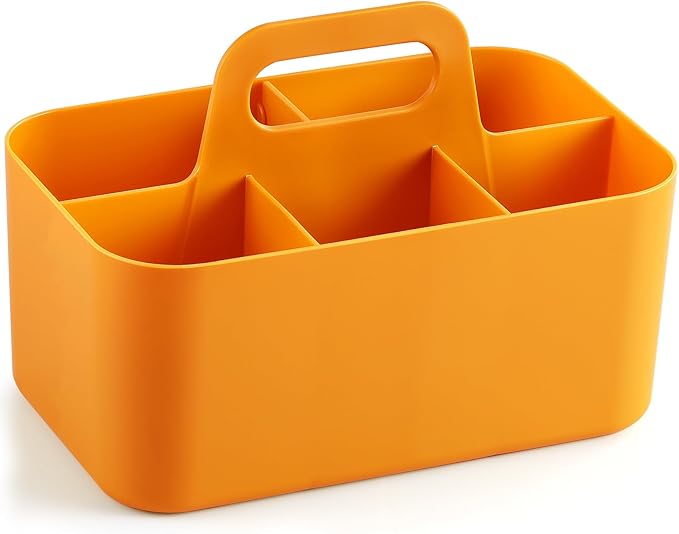 Multiuse Caddy Organizer with Handle, Stackable Plastic Tote Bin - Art Craft Supplies, Office, Desk, Stationery Pen Holder, Kitchen, Utensil, Makeup, Bathroom, Shower, Cleaning, Dorm Organizer, Orange