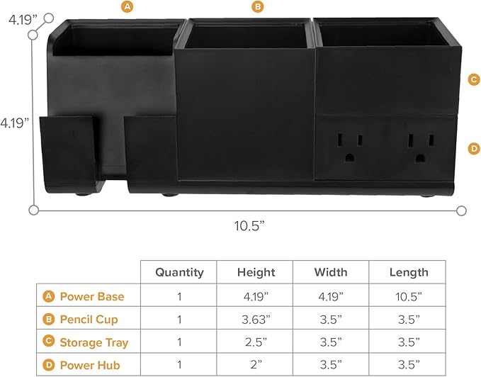 Bostitch Office Konnect Desk Organizer and Charging Station, 2 USB Ports & 2 Plugs, Charges Phones & Tablets, Pencil Cup, 4-Piece Design, Black