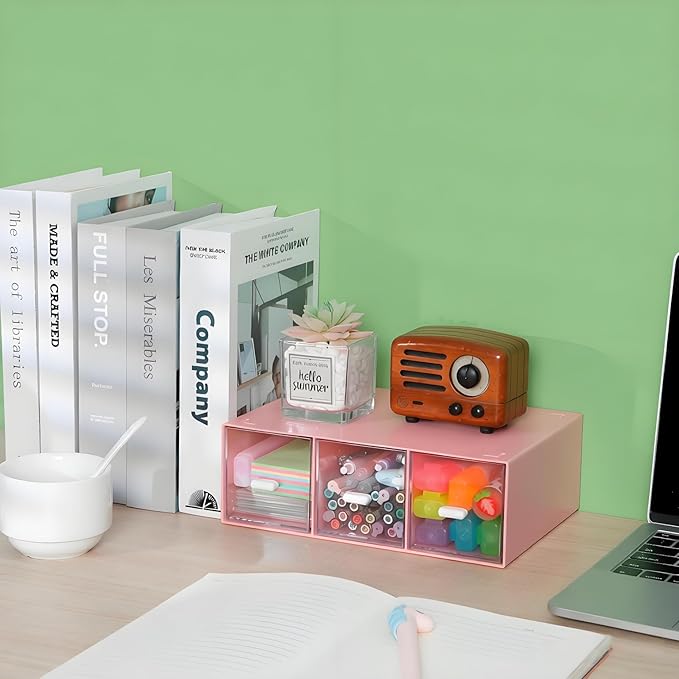 Desktop Drawers, Desk Organizer with 3 Drawers, Stackable Plastic Storage Box for Home Collection, Cosmetics, Jewelry, Office Supplies (1 Tall Layer, Pink)