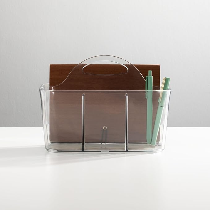 mDesign School Supplies Desk Organizer Tote for Scissors, Pens, Pencils, Notepads, Markers, Highlighters, Tape - Small, Clear