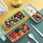 Rarapop Green Stackable Bento Lunch Box Kit, 3-In-1 Compartment Wheat Straw Lunch Containers with Tableware, Reusable On-the-Go Meal and Snack Containers