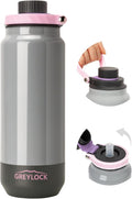 GREYLOCK 24 oz Insulated Water Bottle with Straw Lid, Leakproof Reusable Stainless Steel Vacuum Flask, 24hr Cold & Hot, Carry Handle & Silicone Spout, BPA-Free for Gym, Hiking, Travel,Grey
