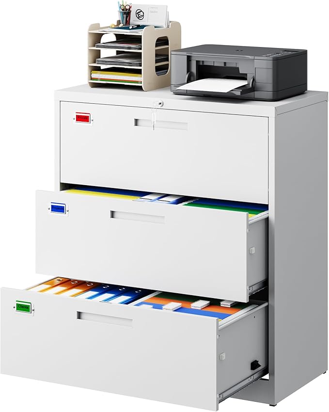 3 Drawer File Cabinet, Lateral Filing Cabinets for Home Office, Office Storage Drawers with Lock, Hanging Files Legal/Letter A4 Size (Assemble Required,White)