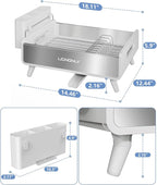 Dish Drying Rack, Thicker Premium Aluminum Frame and 304 Stainless Steel Plate Rack for Kitchen Counter, Automatic Drainage Spout, Dish Drainer & Drainboard Set with Utensil Holder, White