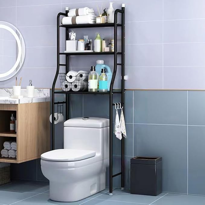 3-Tier Over The Toilet Storage, Over Toilet Bathroom Organizer, Freestanding Metal Bathroom Shelves, Over The Toilet Organizer with Hooks and Paper Holder, Space-Saving, Black