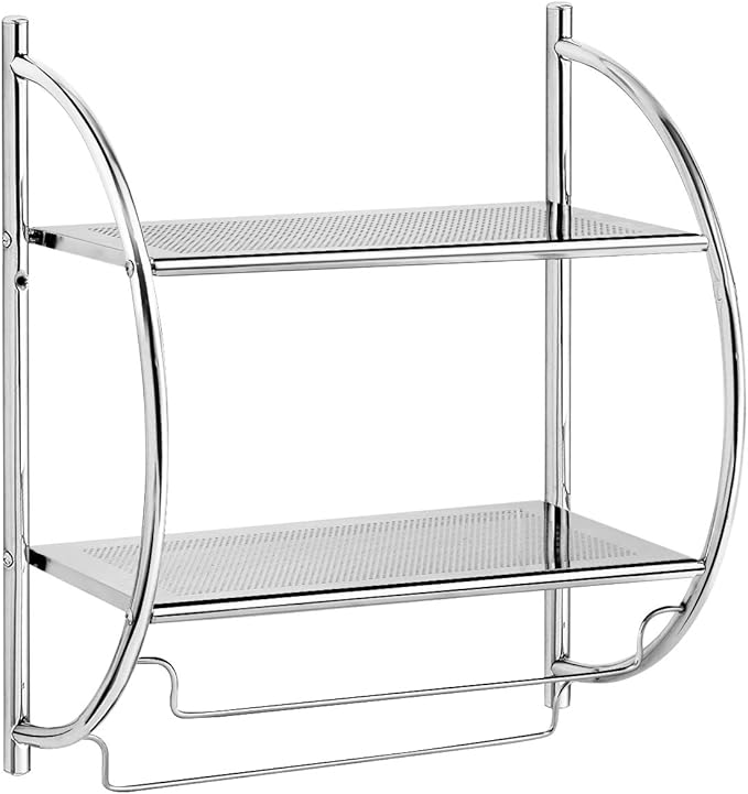 Tangkula Wall Mount 2 Tier Bathroom Shelf with Bars, 18" W X 10" D X 22" H, Home Toilet Double Layer Rustproof Chrome Shelf